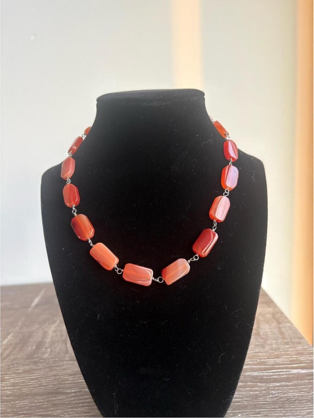 Red Agate Beaded Necklace - Polished Rectangular Stones